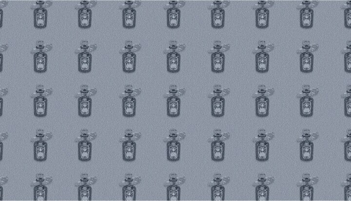 Pattern of small Colgate soap and perfume bottles from 1900 against a light gray background.