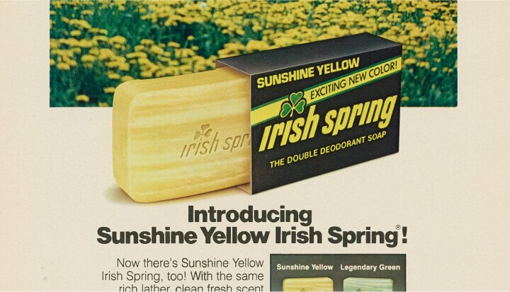 Ad introducing Sunshine Yellow Irish Spring deodorant soap with packaging that reads "Exciting New Color".